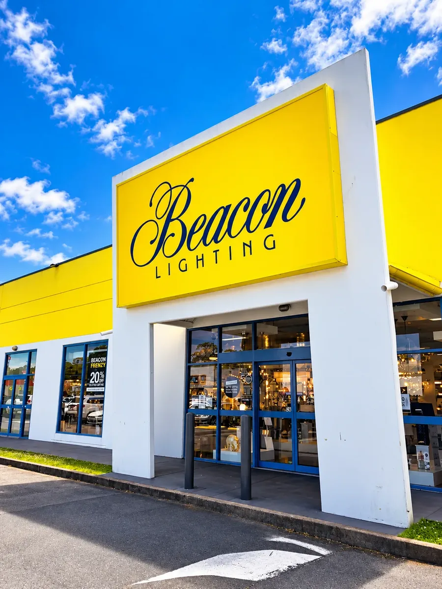 Beacon Lighting store at Kotara with its large yellow fascia sign above the entrance