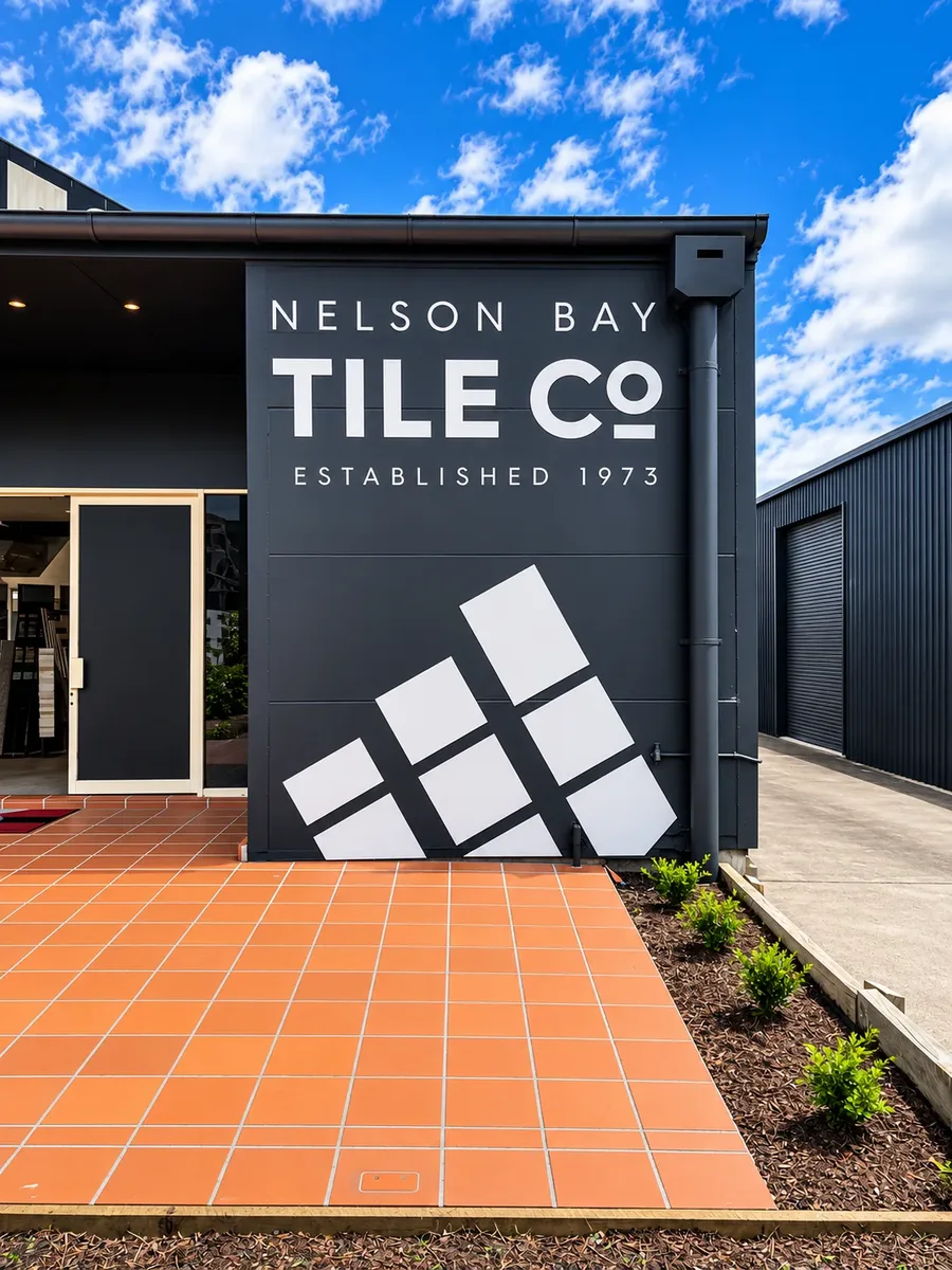 Nelson Bay Tile Co showroom in Taylors Beach with white lettering and a tile graphic on a dark grey wall