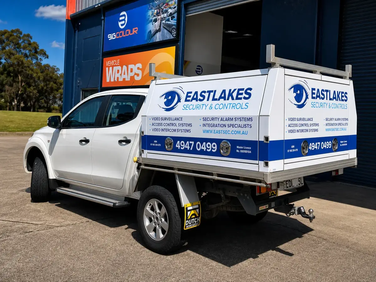Eastlakes Security and Controls dual-cab ute with a white and blue service canopy listing video surveillance and alarm systems