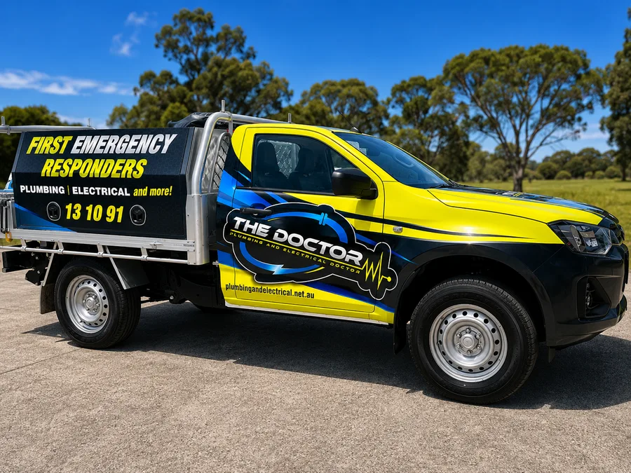 Plumbing Doctor truck in the new bright yellow-and-blue livery designed by Big Colour