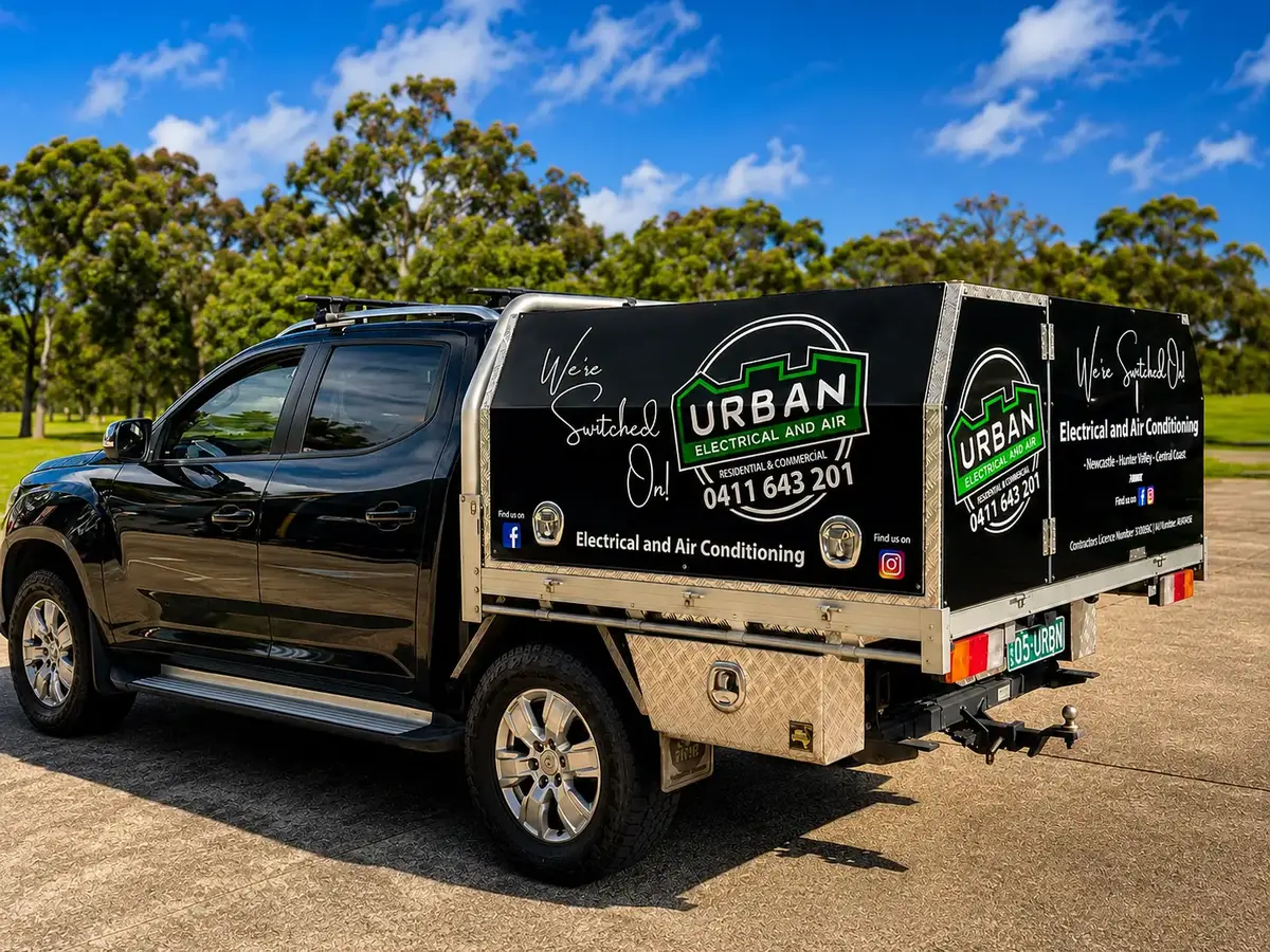 Urban Electrical and Air black dual-cab ute with a black canopy carrying green and white logo signage