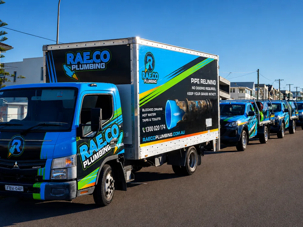Rae.co Plumbing box truck and utes in blue, green and black full wraps