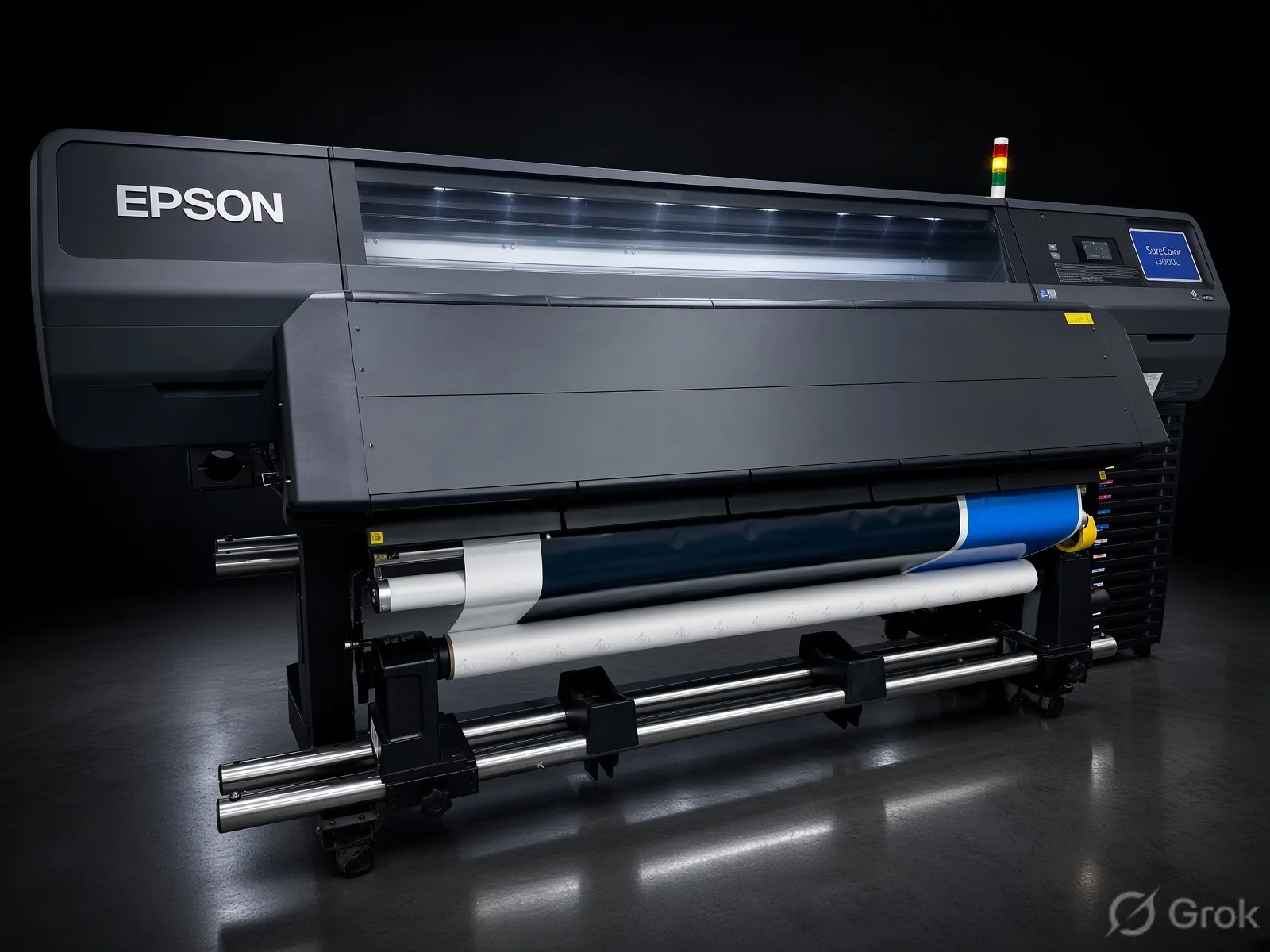 Large-format printer with rolls of print media loaded in the Big Colour print room