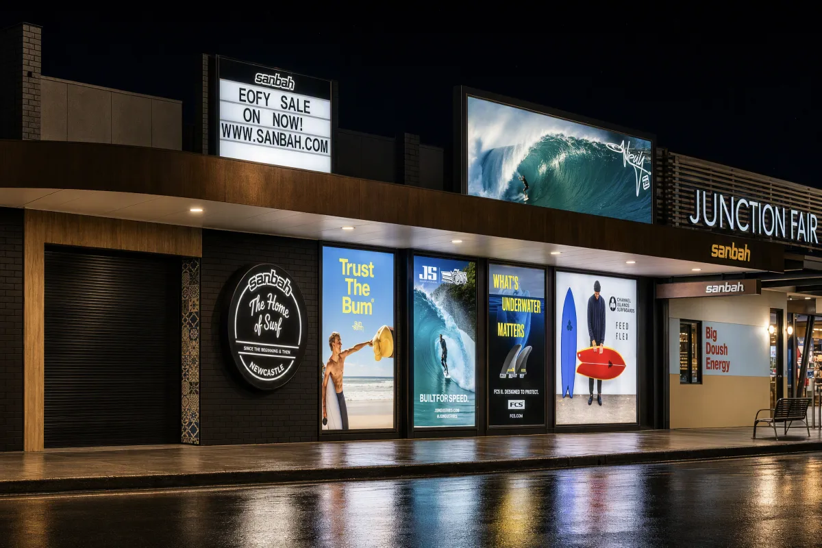 Sanbah shopfront at Junction Fair illuminated at night