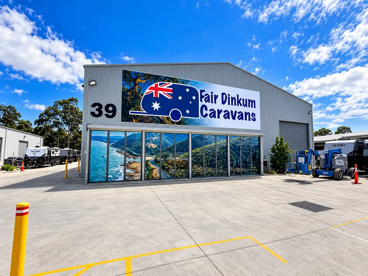 Fair Dinkum Caravans showroom in Heatherbrae with its building signage and a large caravan banner featuring the Australian flag