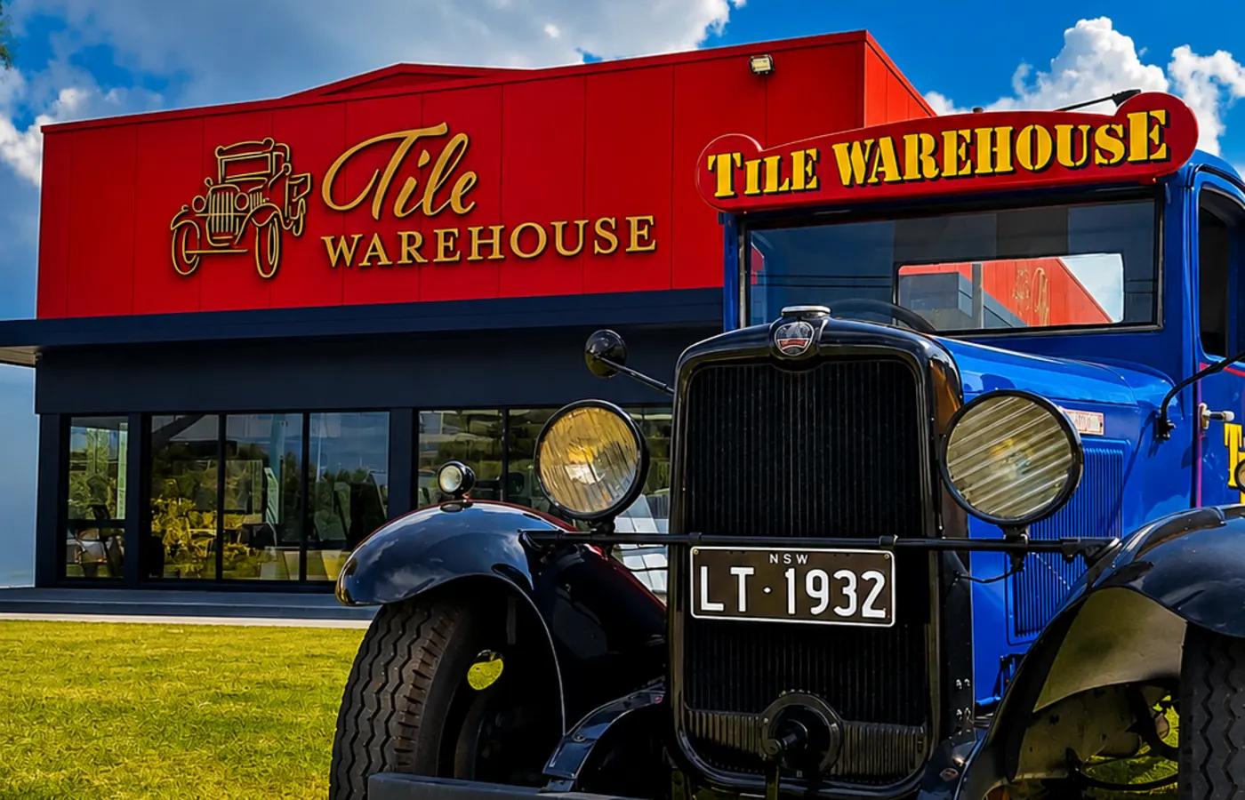 Tile Warehouse shopfront by day with a vintage 1932 truck parked out front