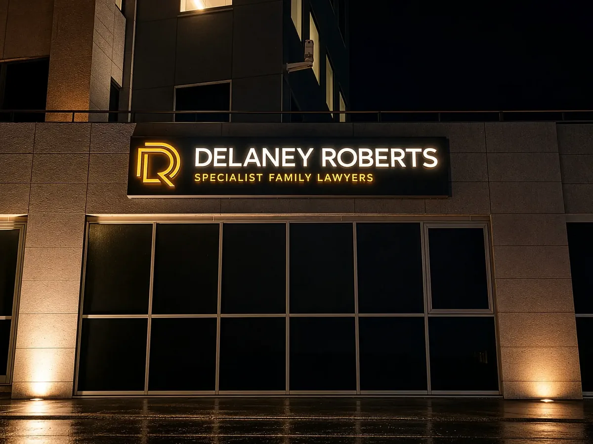 Delaney Roberts Specialist Family Lawyers illuminated shopfront signage lit up at night