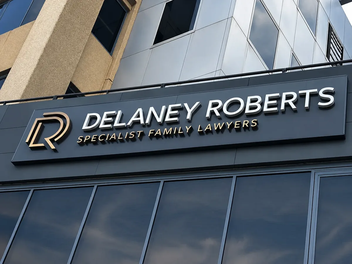 Delaney Roberts Specialist Family Lawyers shopfront sign with brushed-metal lettering and a gold logo on a dark fascia