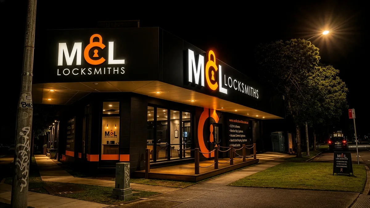 MCL Locksmiths illuminated shopfront signage at night, orange and white branding with a large padlock logo