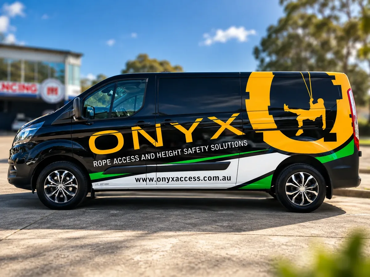 Onyx Access van wrapped by Big Colour in black and yellow, with rope access and height safety branding.