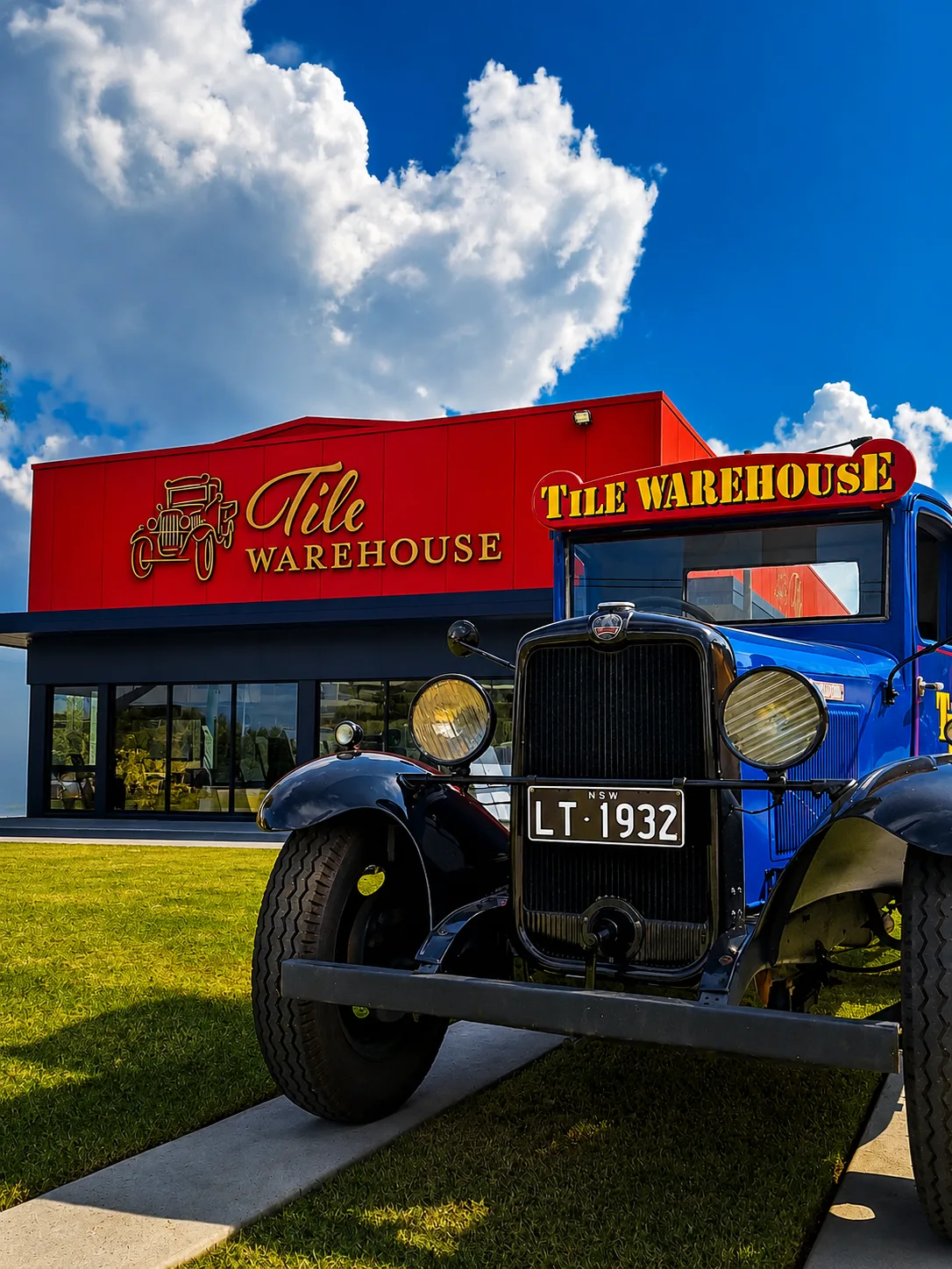 Vintage 1932 truck in red, yellow and blue Tile Warehouse livery parked on the lawn outside the Tile Warehouse showroom