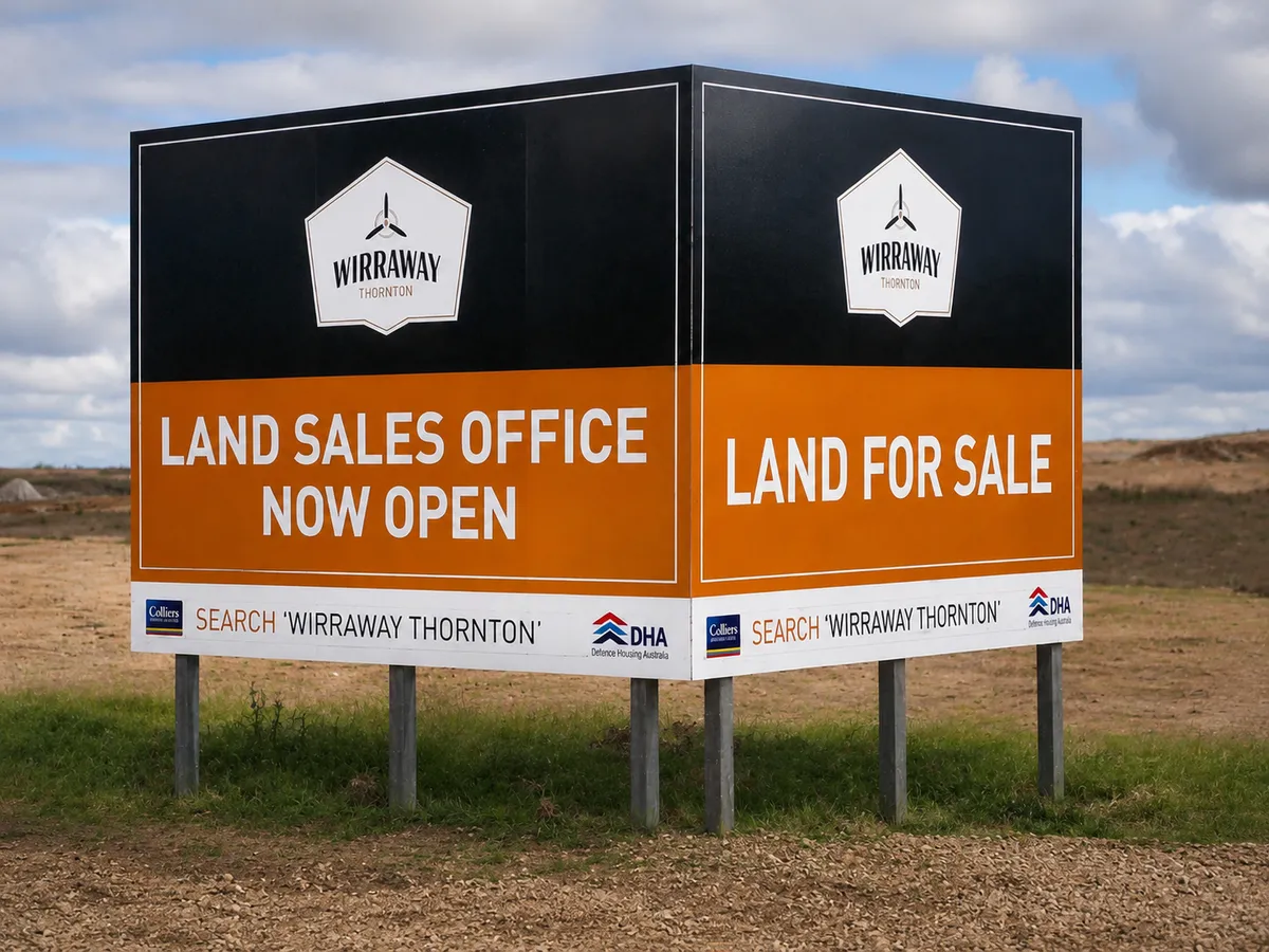 Wirraway Thornton land sales office billboard advertising land for sale