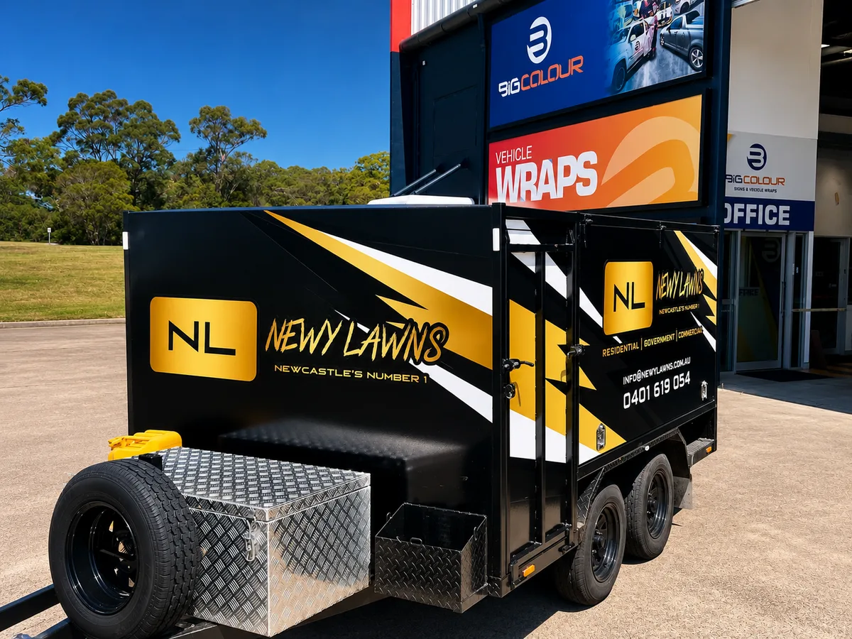 Newy Lawns enclosed trailer in a black and yellow wrap