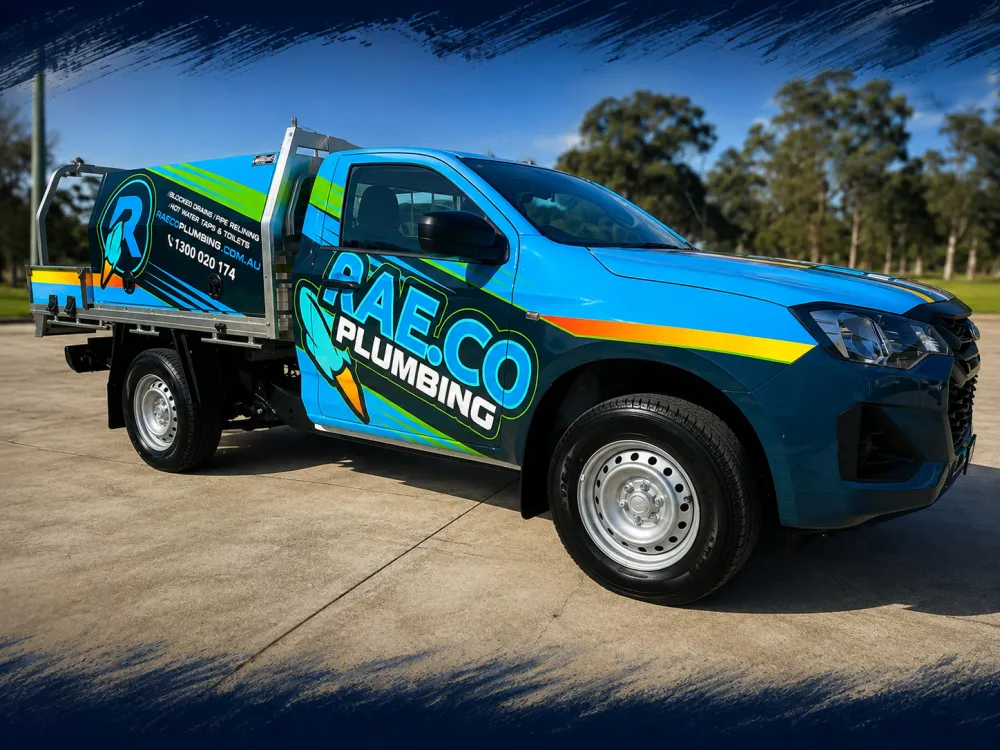 RAECO Plumbing ute wrapped by Big Colour in blue and black with green and yellow stripe branding