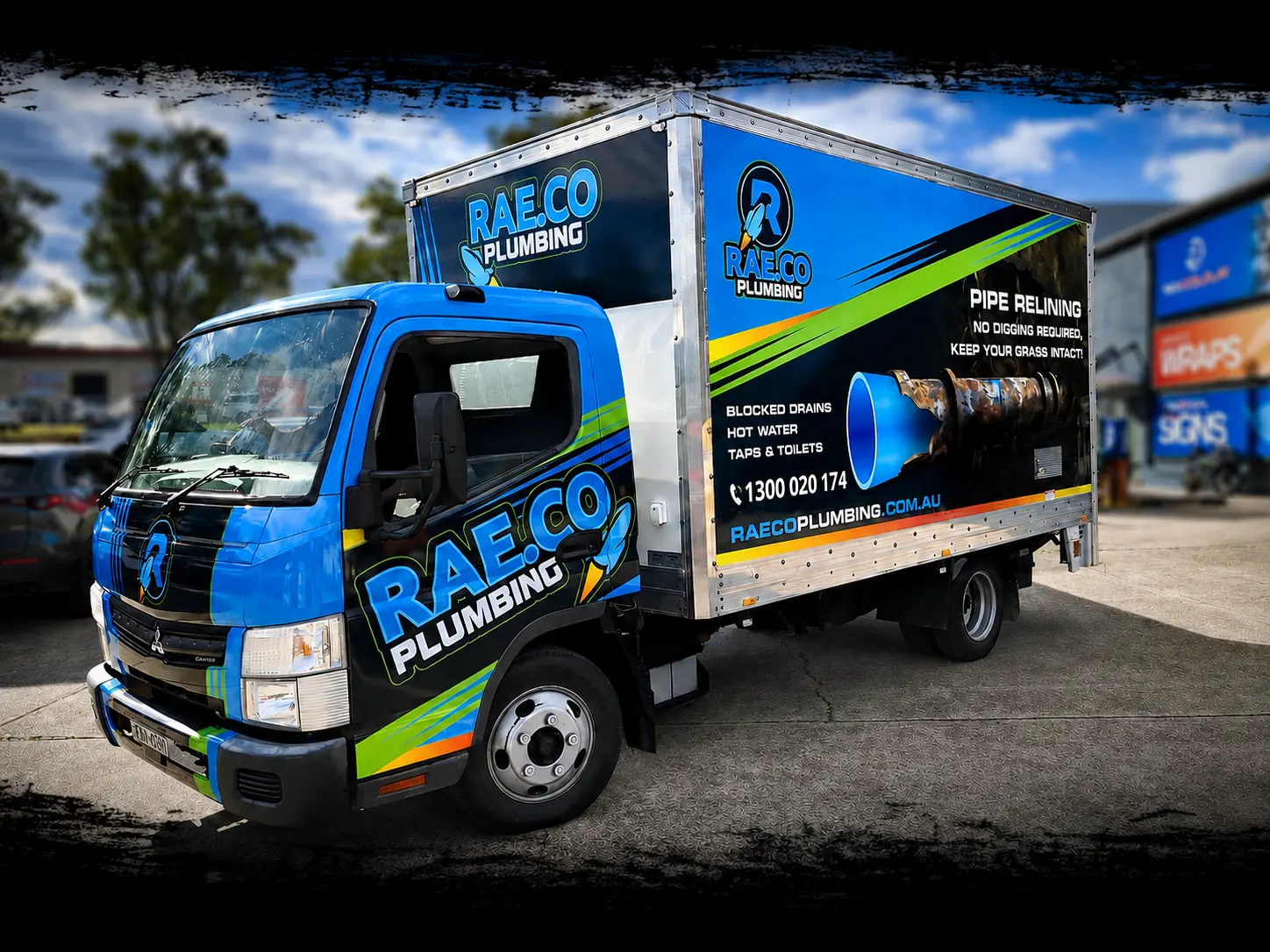 RAE.CO Plumbing truck signwritten by Big Colour in blue and neon green with pipe relining service details