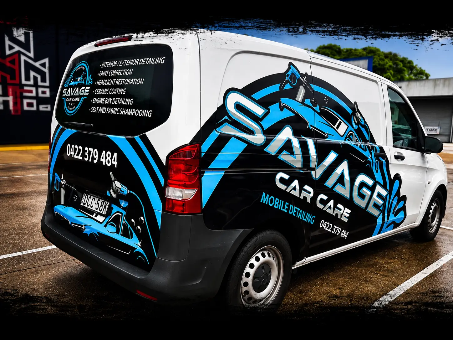 Savage Car Care mobile detailing van signwritten by Big Colour in blue and black
