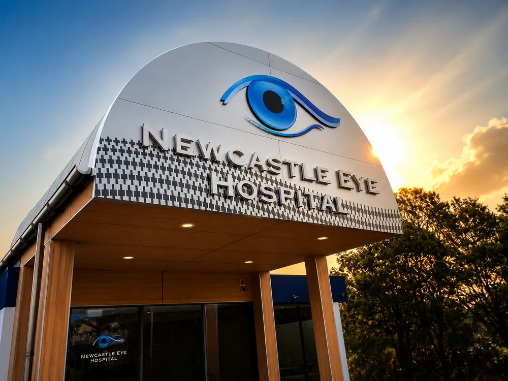 Newcastle Eye Hospital building signage with the blue eye logo on the facade