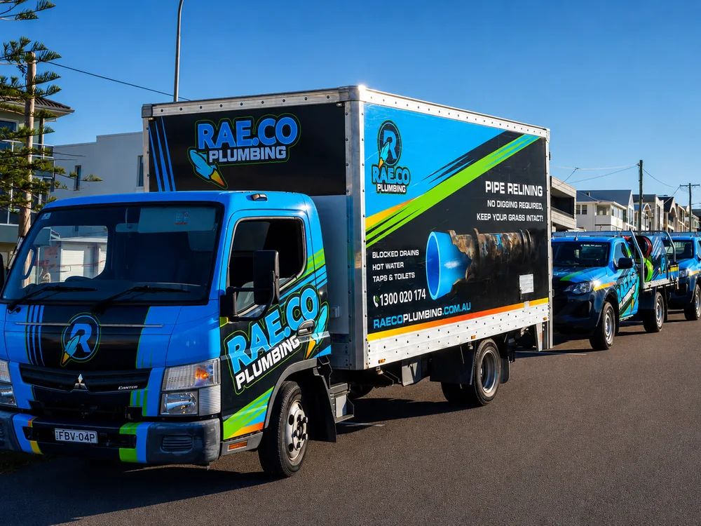 RAE.CO Plumbing fleet of branded vehicles lined up on a street, including a blue truck and trailer with company logo and service details.
