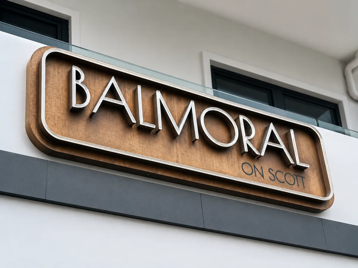 Balmoral on Scott exterior business sign in timber and metal, made and installed by Big Colour