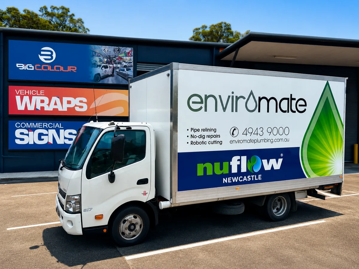 Enviromate Plumbing box truck in white and green with Nuflow Newcastle branding outside the Big Colour workshop