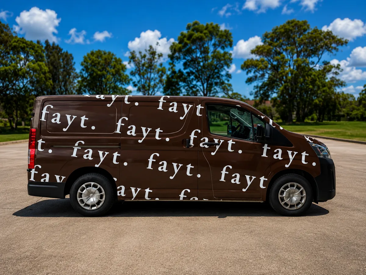FAYT delivery van in the brown wrap with repeated lettering