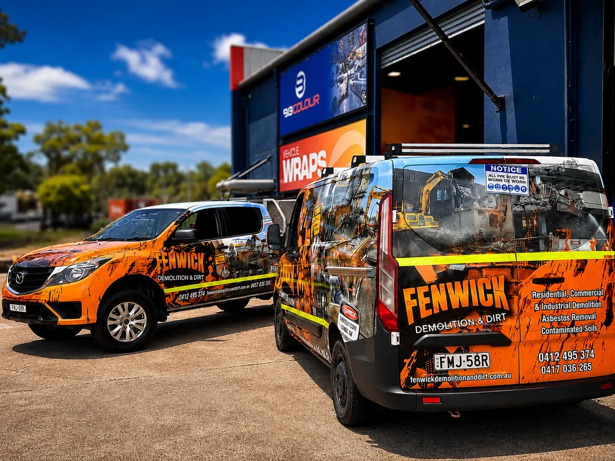 Fenwick Demolition and Dirt fleet in orange and black wraps