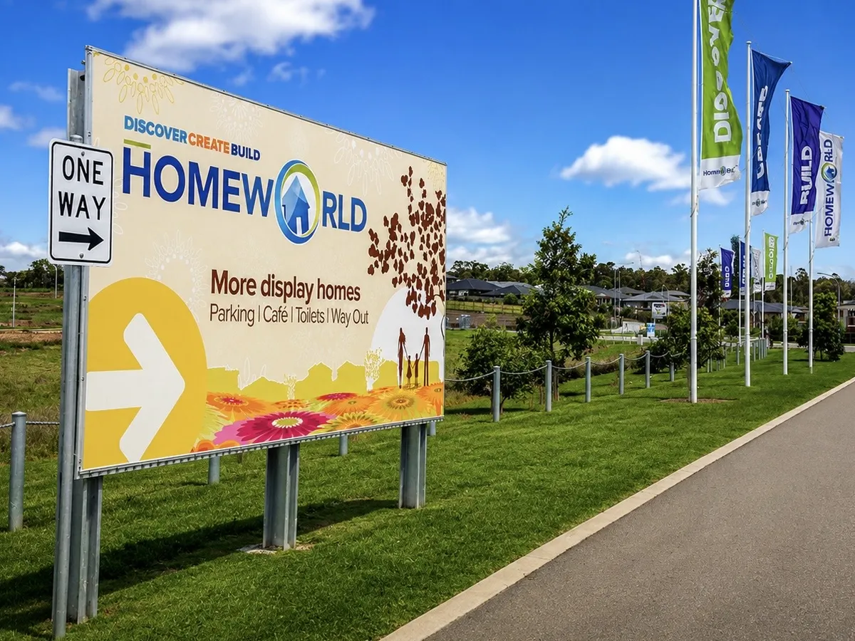 Homeworld display homes directional sign with wayfinding arrows at a residential development