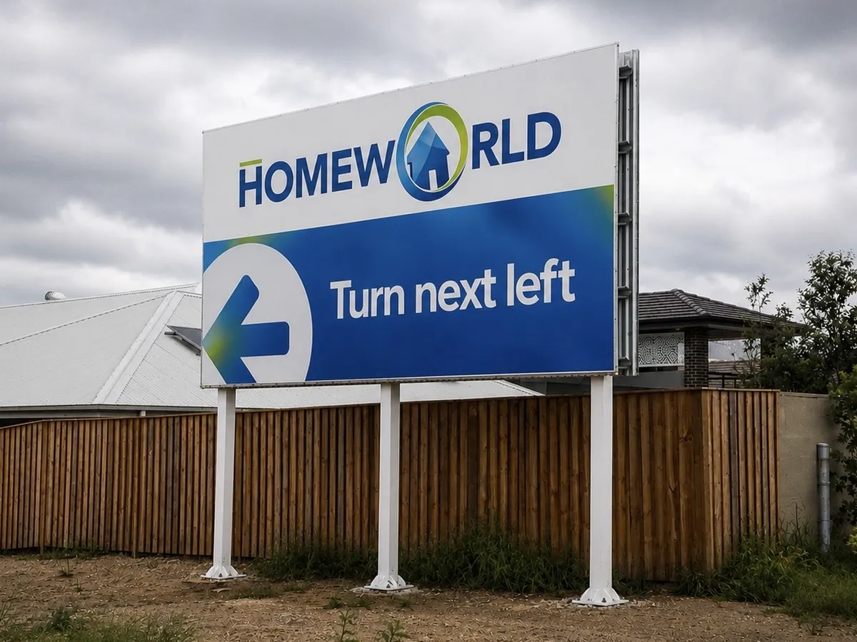 Homeworld roadside billboard with a left-turn arrow directing visitors to the development entrance