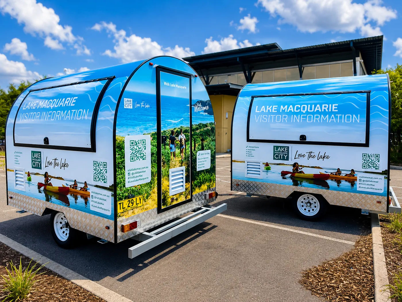 Two Lake Macquarie City visitor information trailers in full printed wraps
