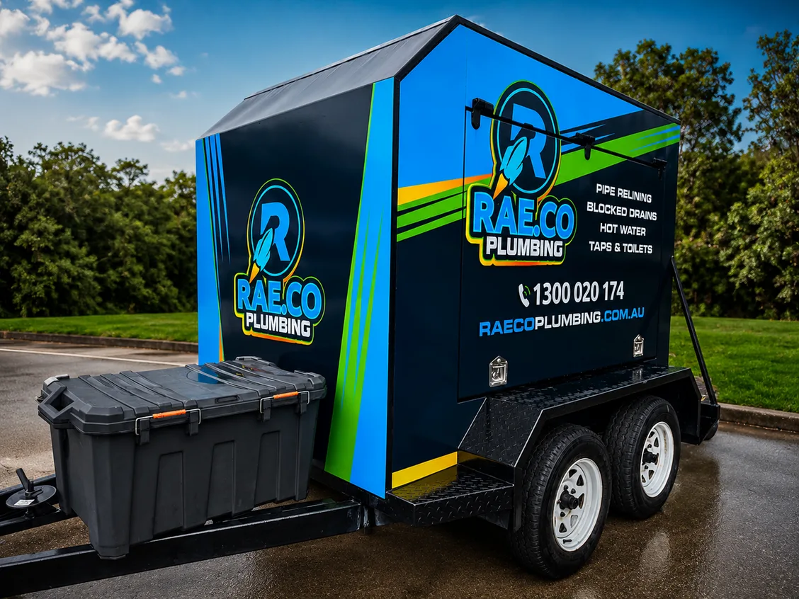 Rae.co Plumbing enclosed trailer in a blue and green wrap
