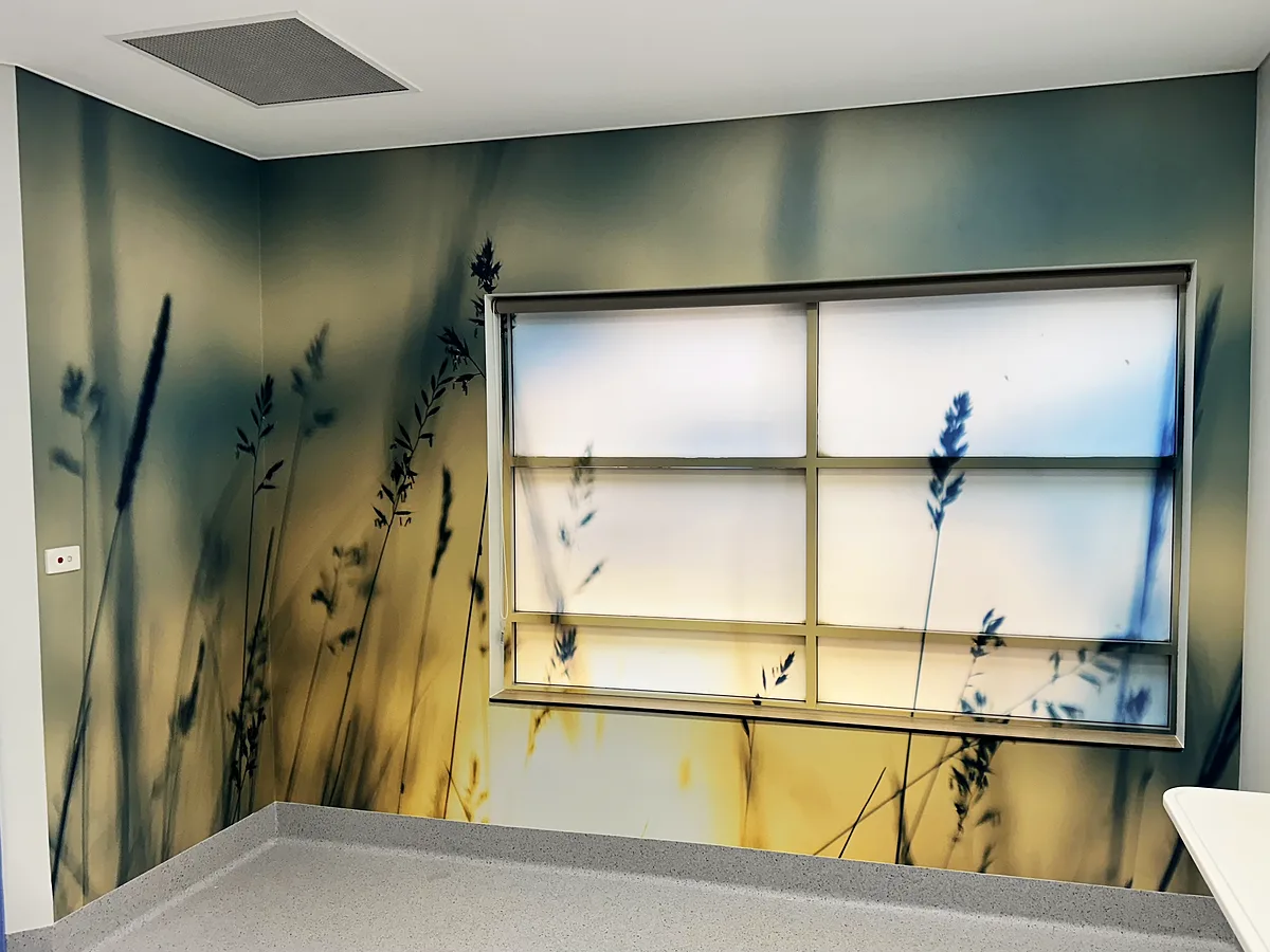 Dried grasses and wildflower mural in a modern meeting space