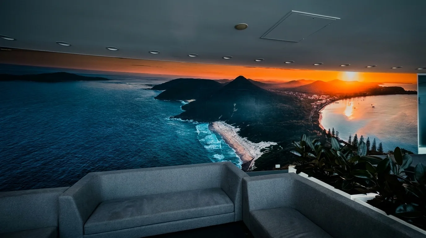 Coastal sunset landscape mural across an office feature wall