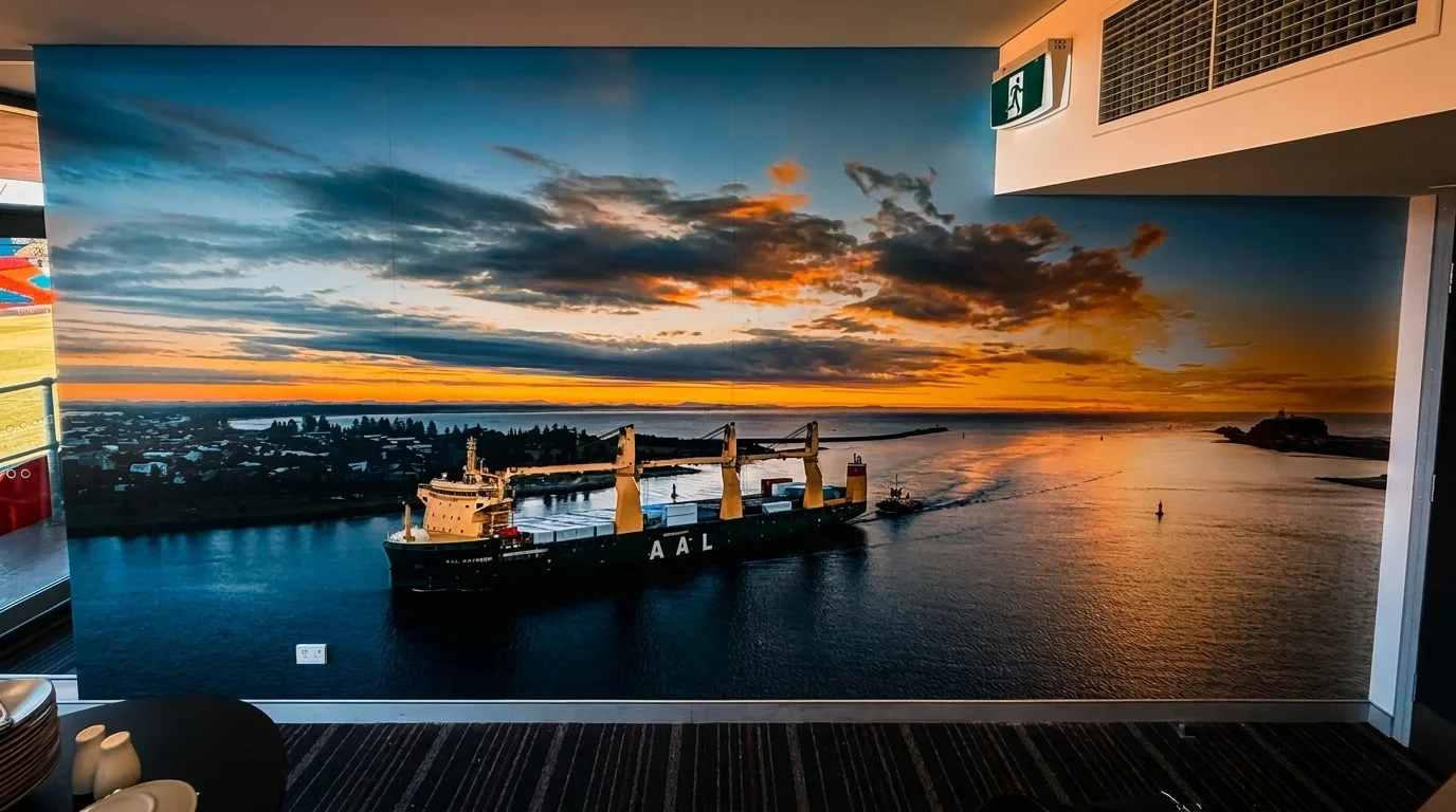 Cargo ship at anchor at dusk, printed as a floor-to-ceiling wall graphic