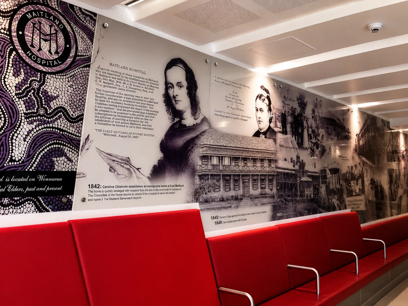 Historical display wall graphics at Maitland Hospital