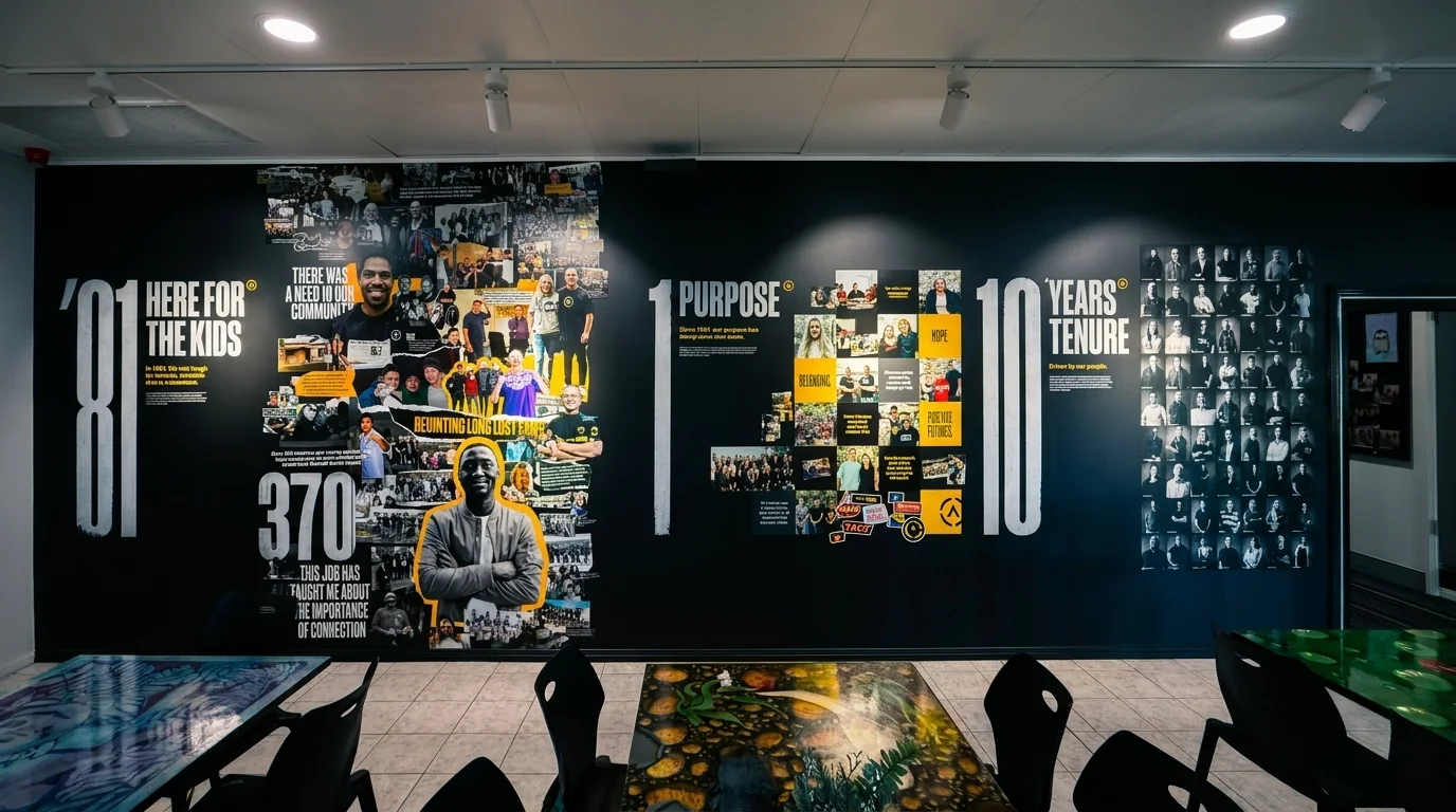 Three printed milestone story panels in a reception corridor