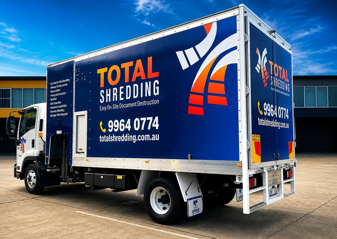 Total Shredding box truck in the blue and yellow livery